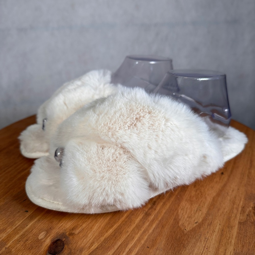 Auden Faux Fur Slide Slippers Women M 7/8 Cream New Crisscross Plush Loungewear